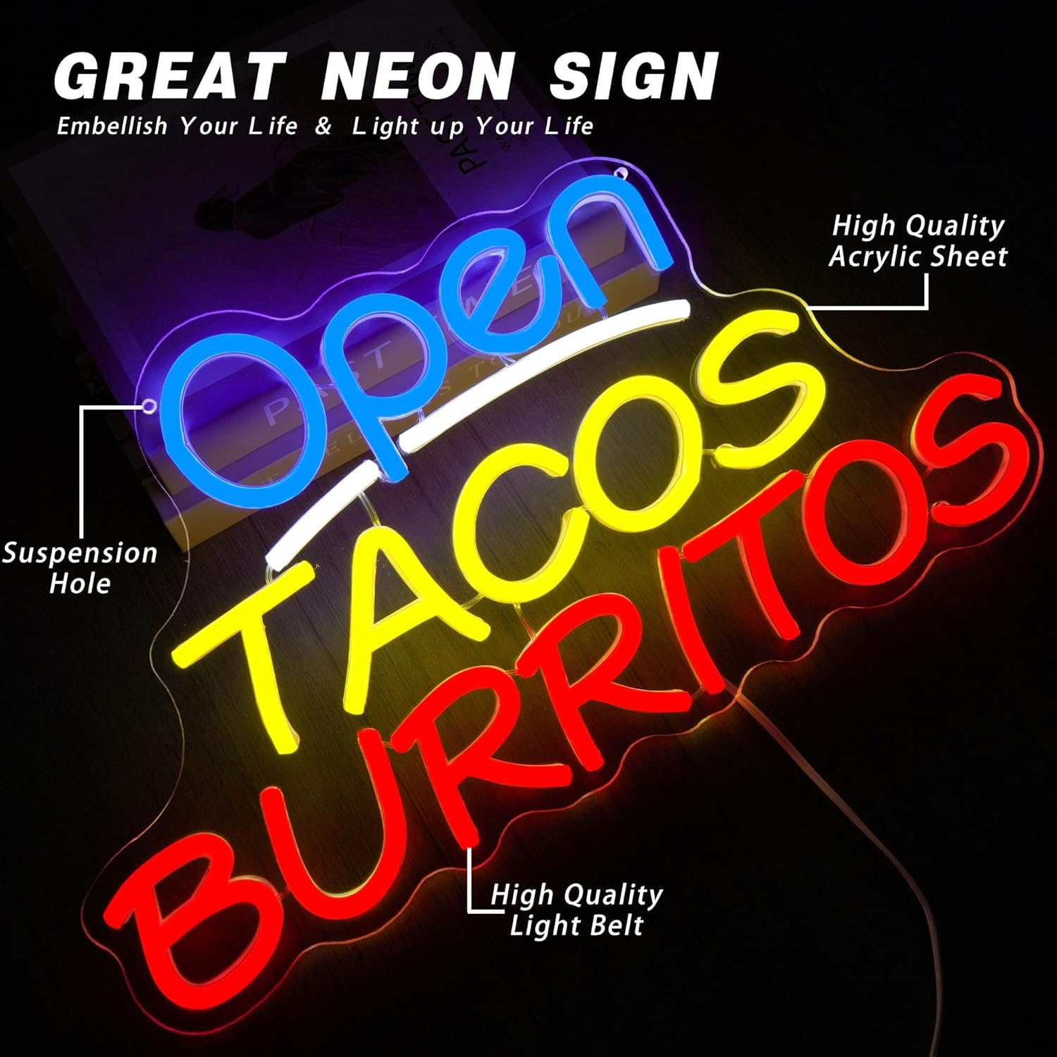 Open Tacos Burritos Neon Sign  - đánh giá và giá Outdoor Lighting Restaurant